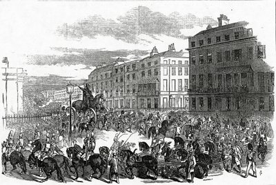 La grande processione della statua di Wellington che gira per Park Lane, pubblicata nell